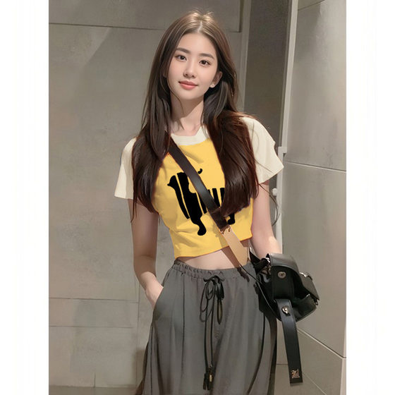 High Street Round Neck Stitching Contrast Color Design T-shirt Summer 2024 New Female Niche Short Shoulder Short Sleeve