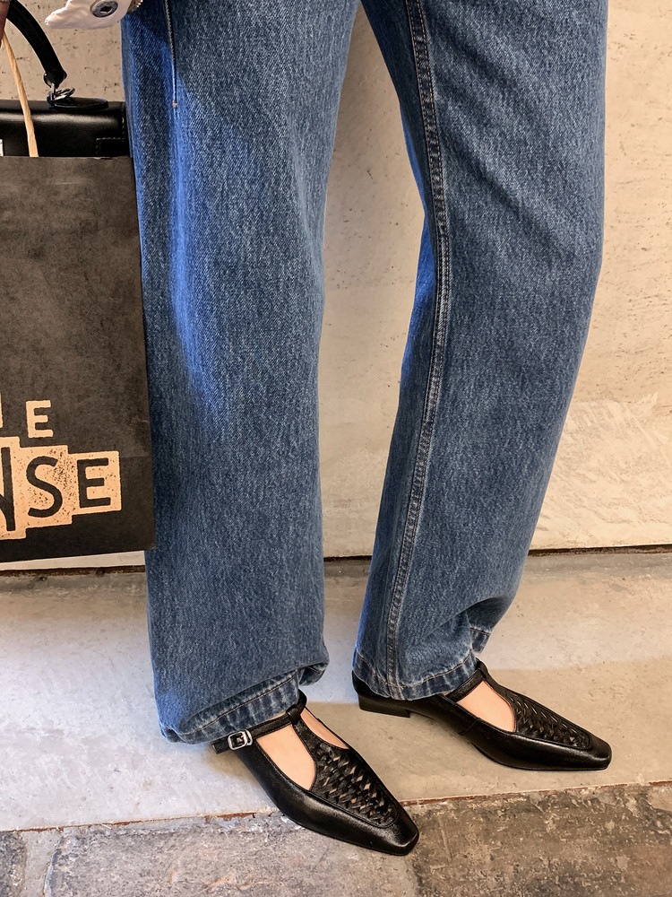 Giày Mary Jane nữ đan T-Strap da thật mũi vuông đế bệt — màu đen, bạc chi tiết 52