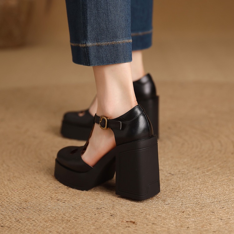 Sandal nữ đế xuồng platform gót vuông phong cách vintage khóa kim loại — màu nâu, màu đen chi tiết 41
