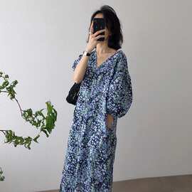 明星同款夏季新款修身显瘦韩版复古气质领碎花雪纺连衣裙女