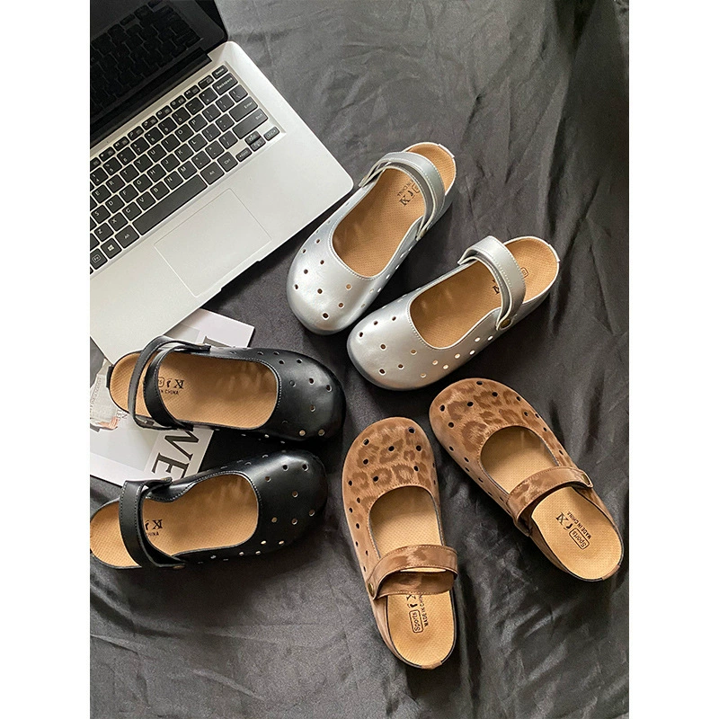 2025 новых стильных женских сабо, повседневные универсальные туфли Мэри Джейн на толстой подошве, увеличивающие рост, с леопардовым принтом, закрытые сандалии с двусторонним закрытием.