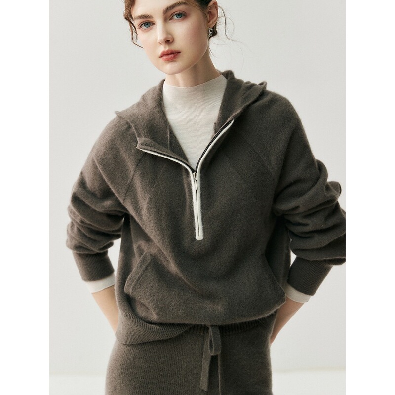 Korean-Style Soft and Skin-Friendly Autumn and Winter New Zip-Up Hooded Top for Women, Cashmere Knit Base Shirt with Pockets, Thick Sweatshirt