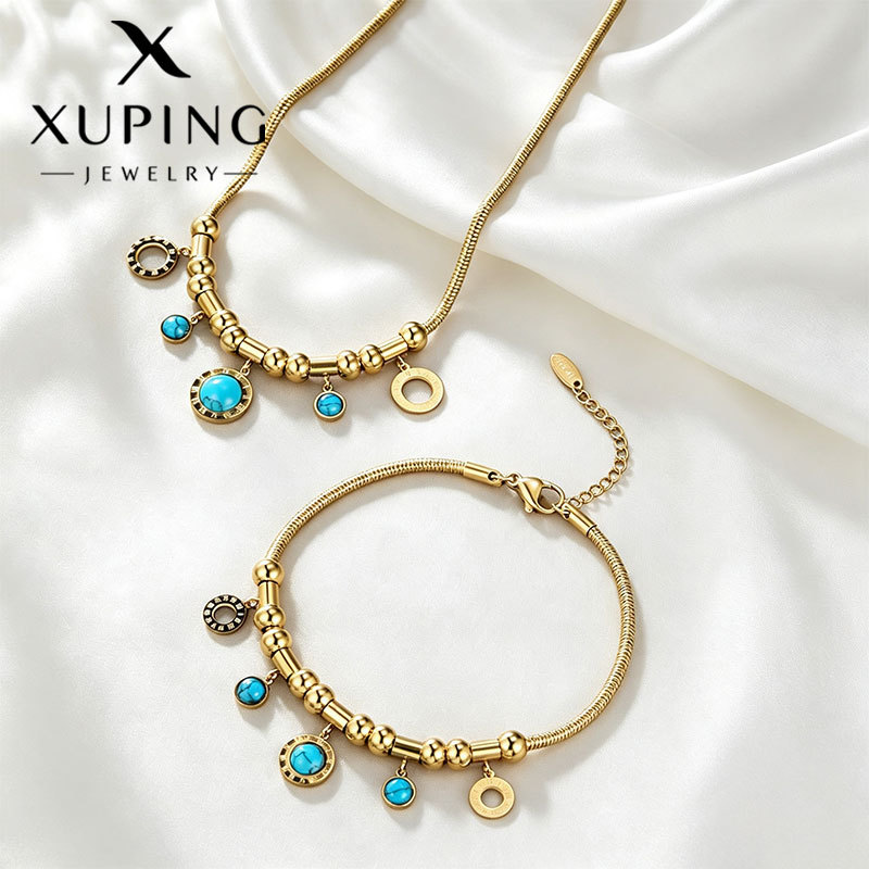 Conjunto de Joyería Xuping de Acero Inoxidable con Baño de Oro de 14k, Estilo Europeo y Americano, Diseño de Nicho, Collar y Pulsera con Personalidad
