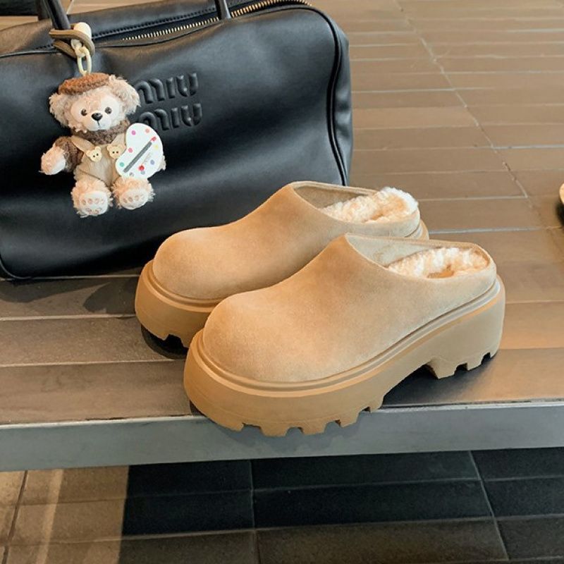 Imported Cow Velvet ~ Furry Slippers for Women, Thick Soles to Increase Height, Autumn and Winter Warm Fleece-Lined Toe-Toe Slip-On Snow Boots Birkenstock