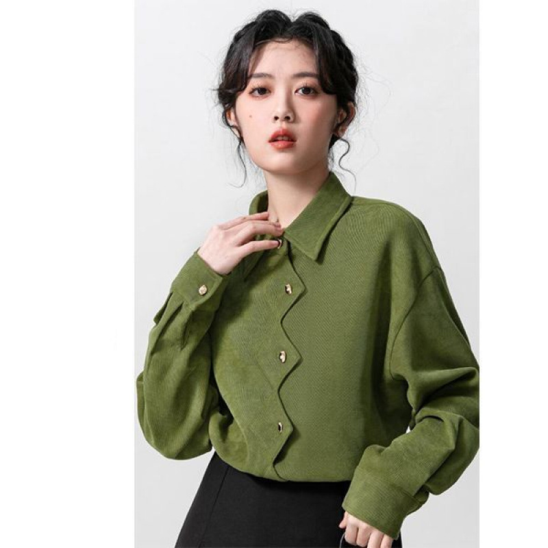 港风绿色复古POLO领长袖衬衫女春秋季新款不规则设计感衬衣潮|undefined