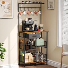 5層の鉄と木材を組み合わせたコーヒーラック、引き出しと6つのフック付き、キッチン収納ラック、家庭用電子レンジラック