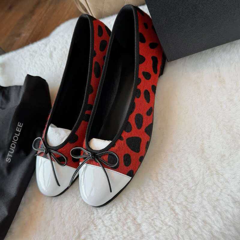 Grape Mom Studiolee Little Chanel Ballet Flats ~ Top-layer cowhide and horsehair round-toe bow leopard print women's shoes Grape Mom Studiolee Little Chanel Ballet Flats ~ Top-layer cowhide and horsehair round-toe bow leopard print women's shoes