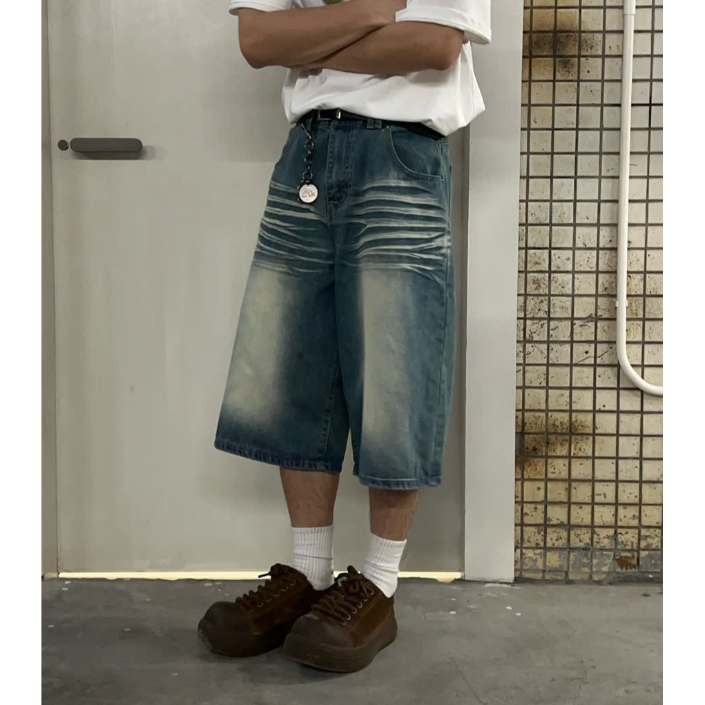 Men's Vintage Washed Blue Distressed Denim Shorts Loose Fit Streetwear Style Cargo Pants with Multi-Pockets_mkmklike.com