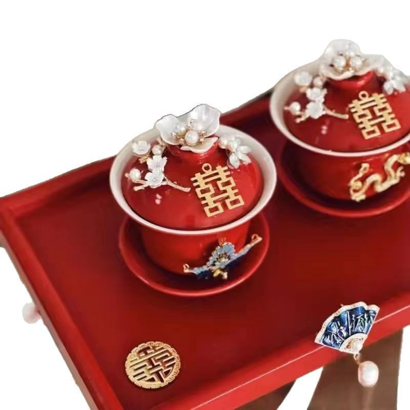 喜結連理敬茶杯結婚祝い用品持参対杯diy手作り装飾陶磁器蓋結婚祝い用品大全|undefined
