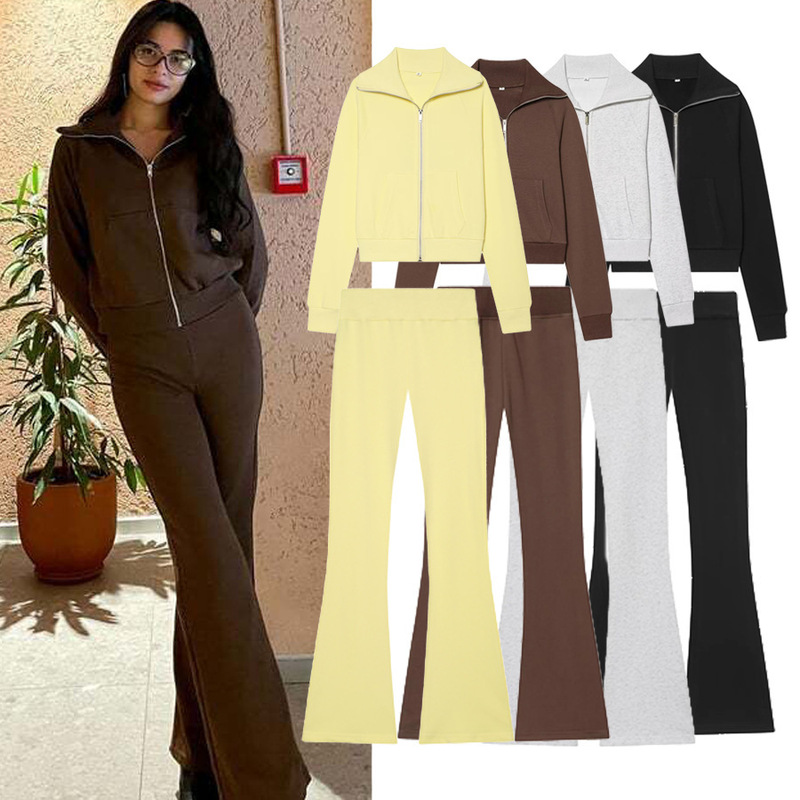 Cross-Border Casual Fleece Jacket and Flared Pants Women's Spring and Autumn Fashion Sports Suit Two-Piece Set Cross-Border Casual Fleece Jacket and Flared Pants Women's Spring and Autumn Fashion Sports Suit Two-Piece Set