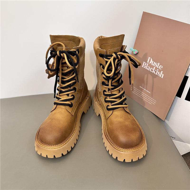 Genuine leather rhubarb boots for women 2024 autumn new mesh boots casual Martin boots for women breathable_vogarts.com