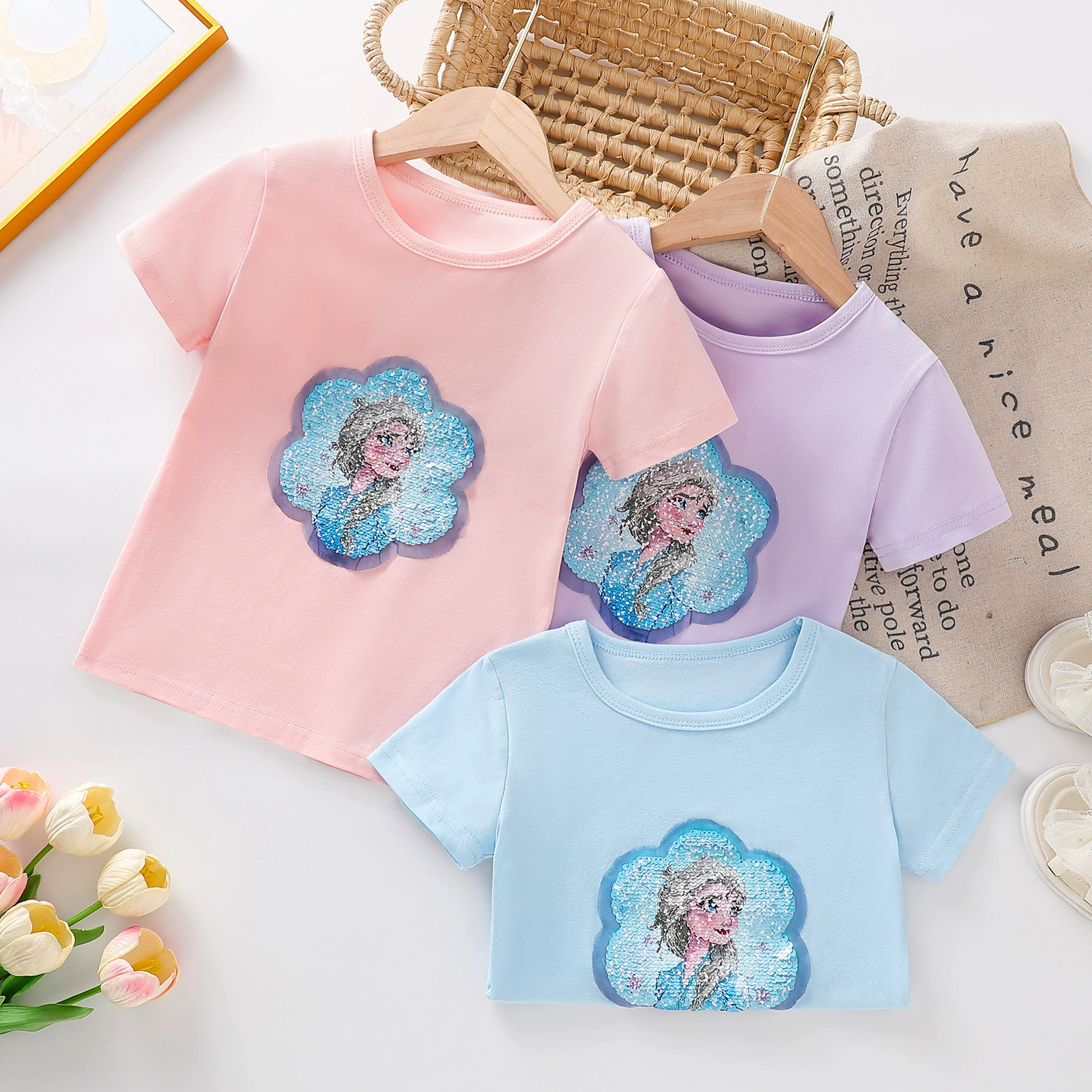 外贸跨境女童t恤2026夏装儿童圆领上衣童装女孩爱莎变色亮片短袖