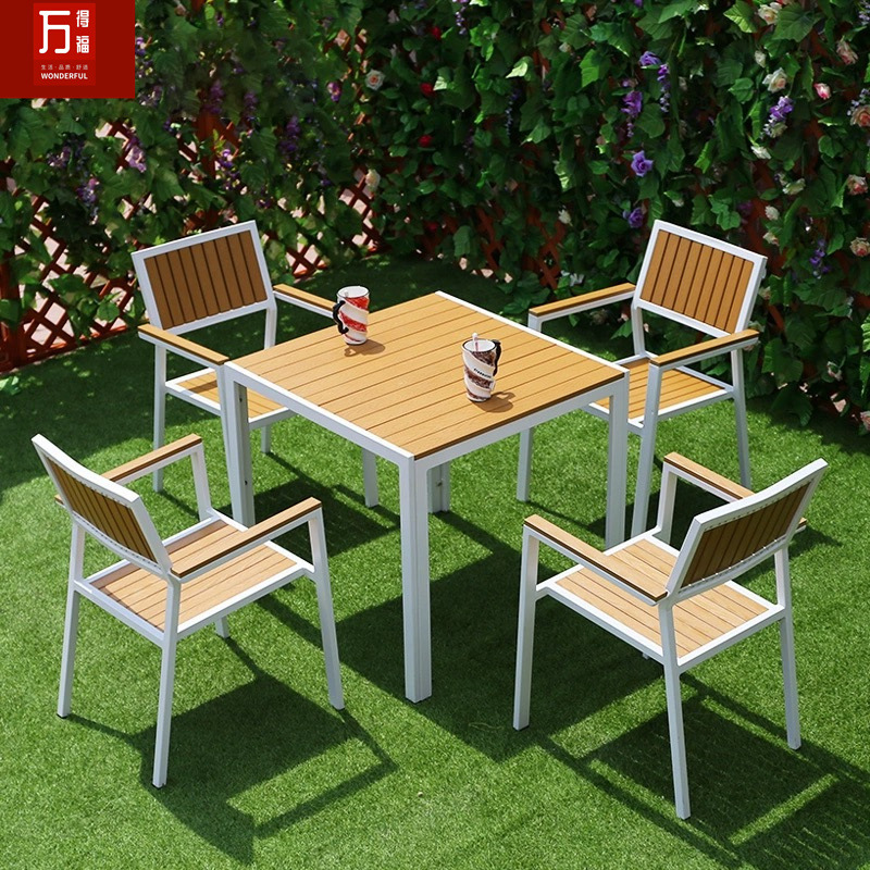 Mesa de madera de plástico al aire libre y silla combinación terraza patio al aire libre ocio balcón jardín mesa de té anti-corrosión madera impermeable mesa y silla conjunto