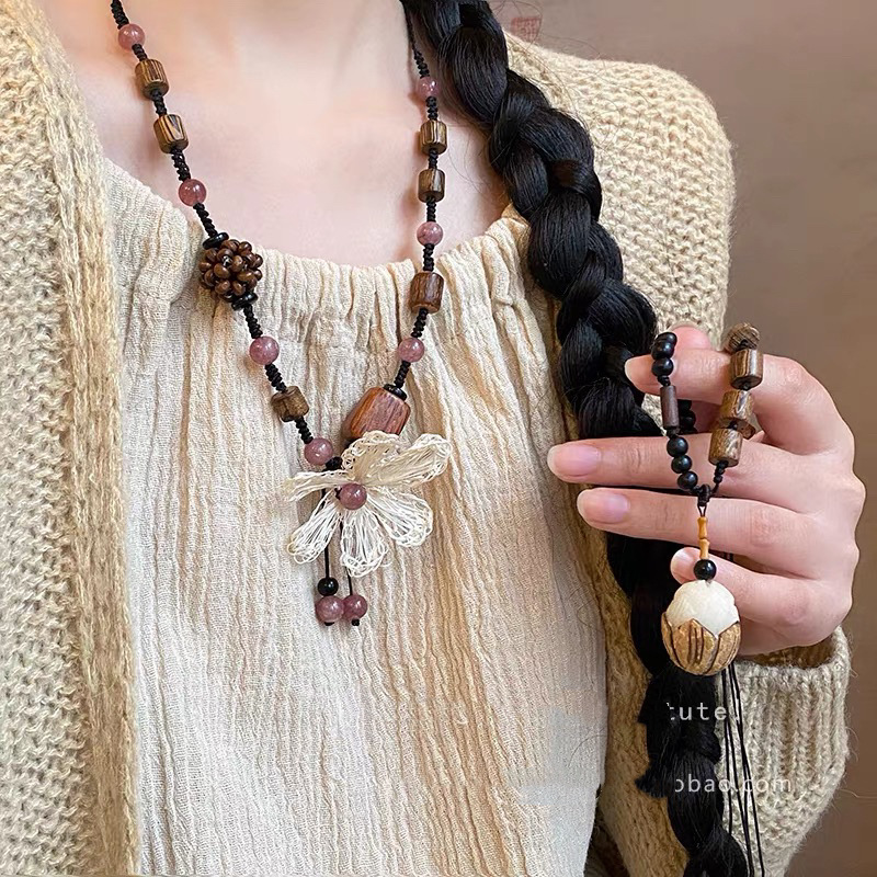 新中式编织花朵项链女款小众设计感国风choker锁骨链复古长款配饰