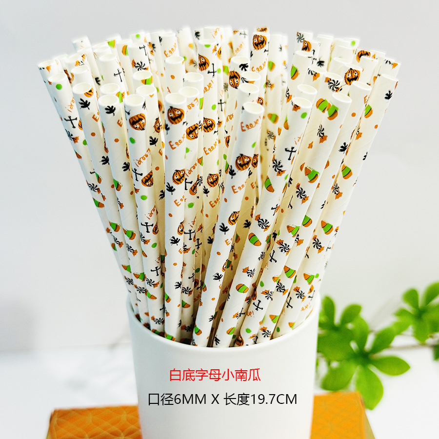 Una gran cantidad de pajitas de papel desechables al por mayor, pajitas de papel de Halloween, pajitas de papel degradables, calavera, calabaza