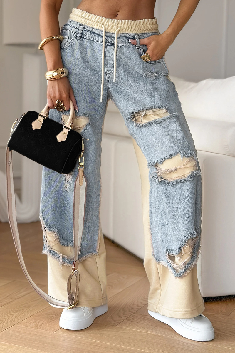 Women's Clothing Lace Up Spring And Summer Hong Kong Style Trendy Individual Street Thin Ripped Double Layer Color Straight Jeans_ecoleips.com