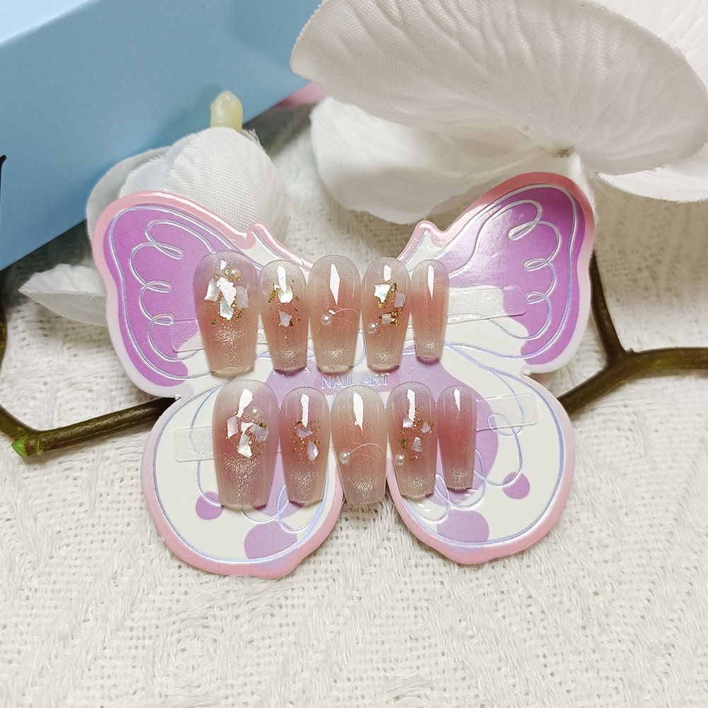 10 piezas de uñas con incrustaciones de perlas y diamantes, lámina de oro, parche de uñas de ojo de gato sonriente para niños de 12 a 18 años