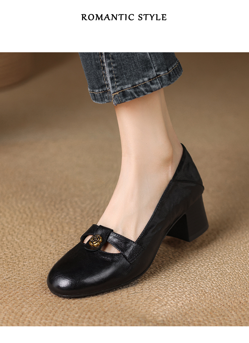 Giày da cừu mũi tròn gót vuông miệng nông gót 4,5 cm — Màu đen chi tiết 9