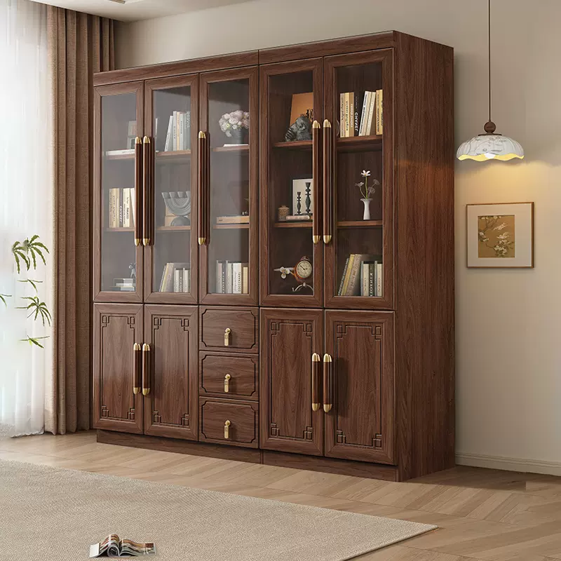 新中式实木书柜办公室储物柜家用中式书橱带玻璃门展示柜