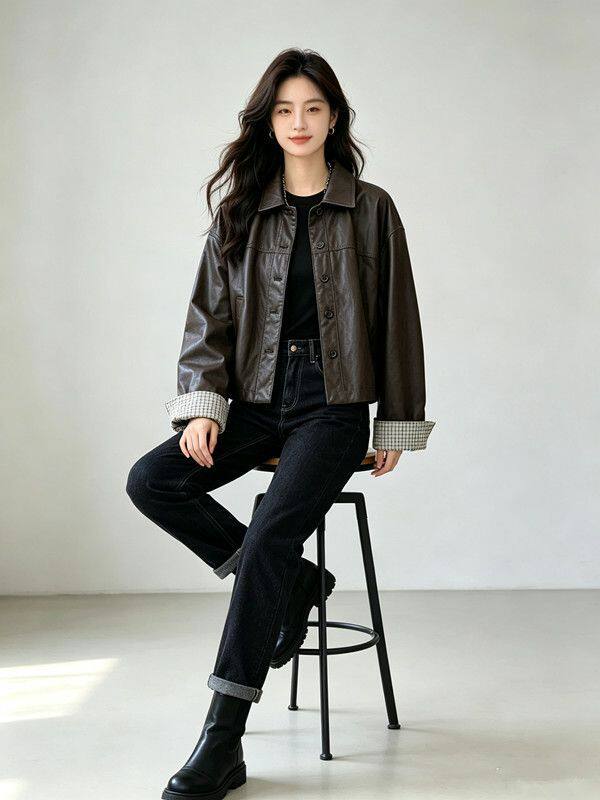 Áo khoác da PU nữ dáng ngắn cổ bẻ, phong cách Hàn Quốc, thời trang casual, dáng rộng, dễ phối đồ, retro, mùa thu — Màu nâu cà phê, màu đen chi tiết 4