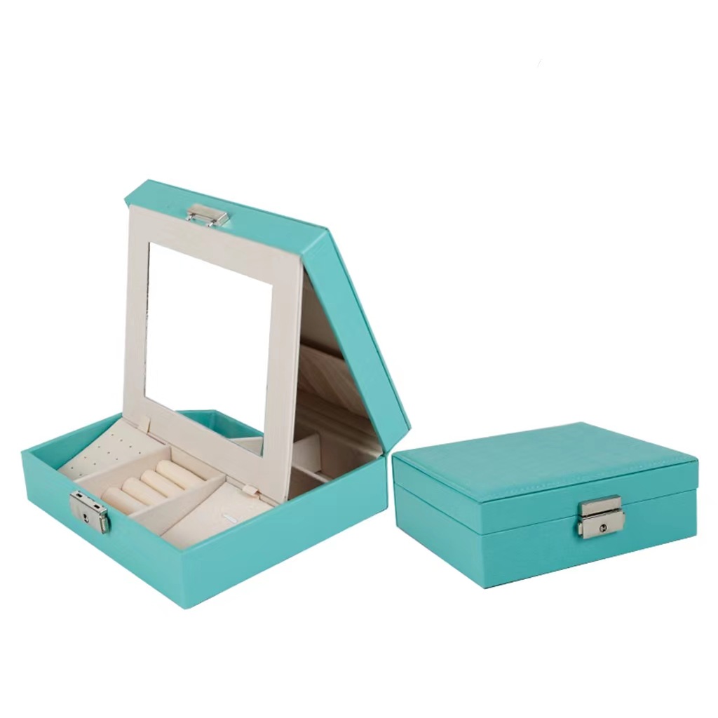 简约翻盖首饰收纳盒带镜子中号饰品收纳箱耳钉饰品口红化妆箱批发