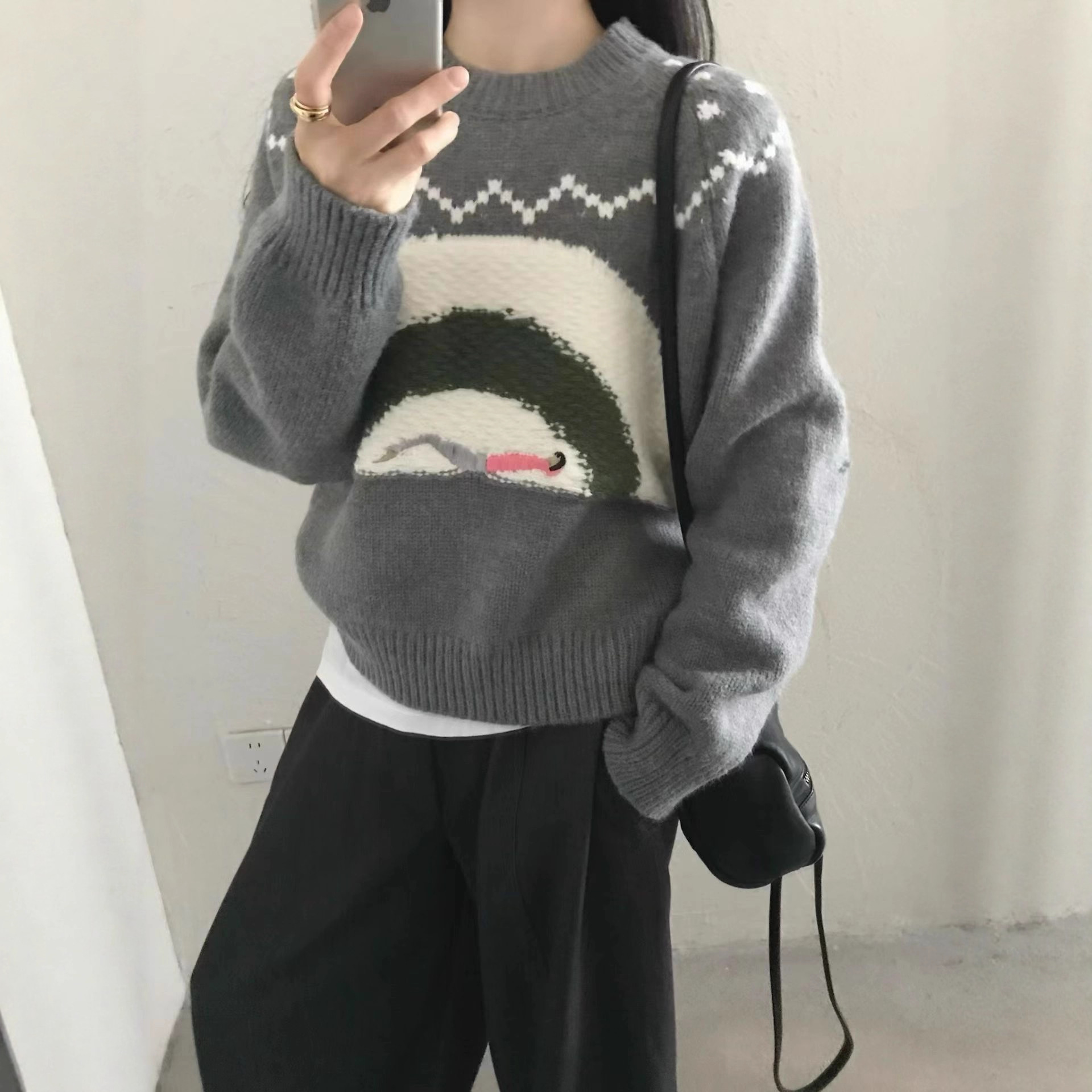 超好看卡通印花撞色毛衣女款秋装2025新款秋冬针织衫宽松套头上衣