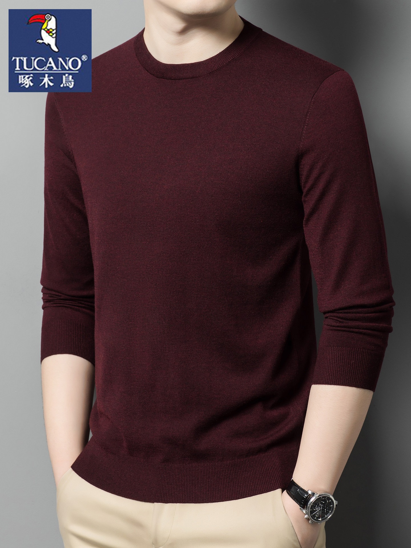 Woodpecker wool-blend thin knitted sweater, round neck, casual inner layer, solid color men's long-sleeved T-shirt