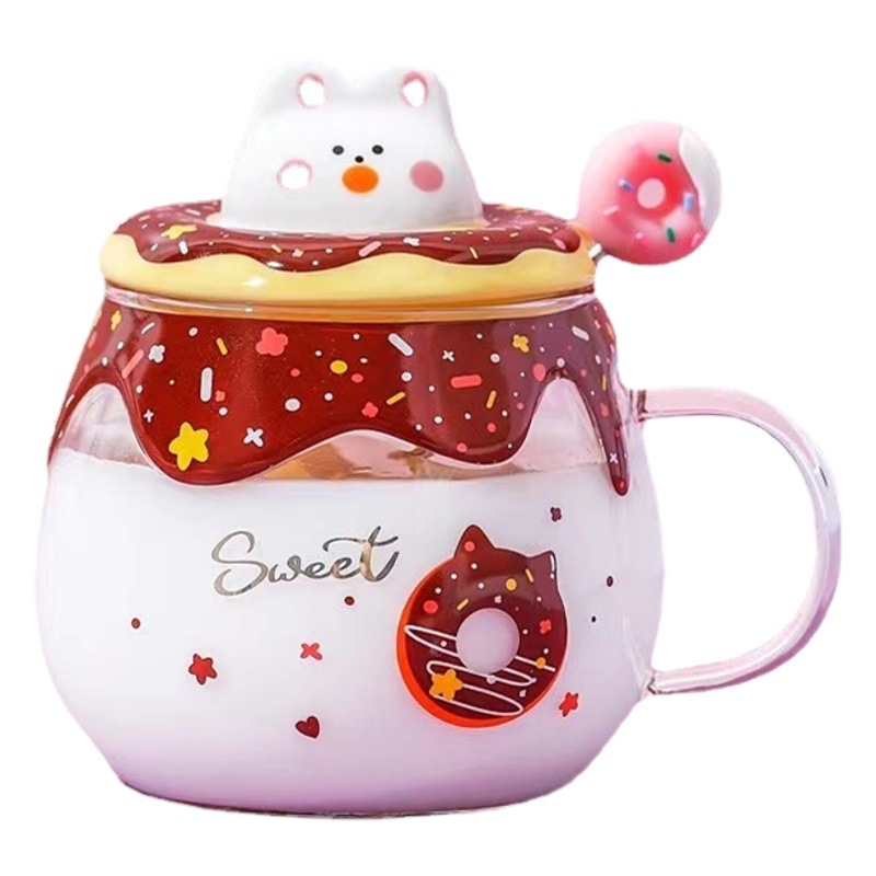 Donut de dibujos animados regalo personalizado de cristal lindo conejo de dibujos animados taza de café fresco de verano con tapa taza de cuchara