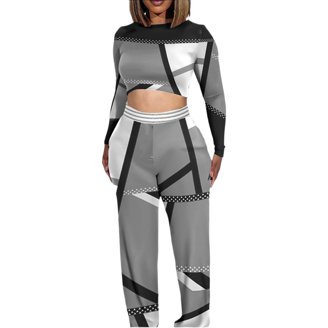 T9084 Amazon AliExpress 2023 Новый европейский и американский костюм больших размеров из двух частей с широкими штанинами и длинными рукавами, костюм с принтом