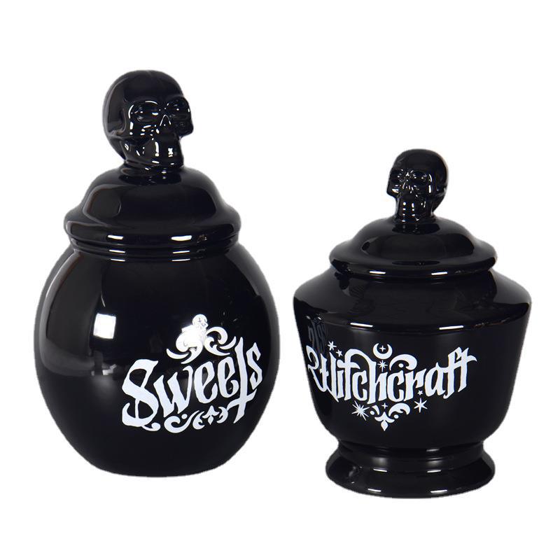 Estricta Selección de estilo europeo Halloween 3D alivio de cerámica sellada jarra de galletas grande negro tarro de almacenamiento de animales de dibujos animados