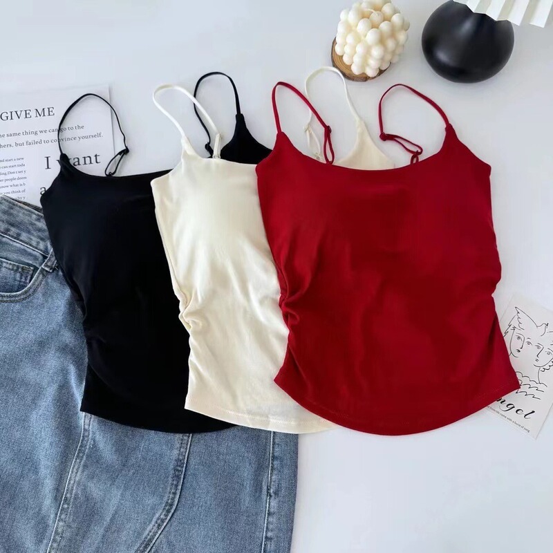 TikTok Talent Hot Push Design Pleated Camisole Women's Belt Chest Pad Inner Wear Outer Wear Slim-fit Beautiful Back Top