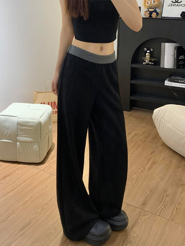 黑色拼接休闲运动裤女秋季2025新款高腰宽松显瘦直筒阔腿拖地裤子|undefined