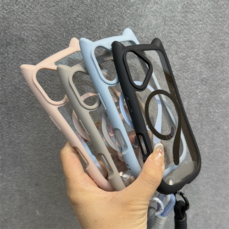 适用iPhone17PRO猫耳朵磁吸手机壳带挂绳苹果16E透明防摔15保护套|undefined