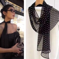 100% 绢糸フランスヘップバーン黒い波点の长い条の小さいスカーフの女性のシルクの斜めのリボンの长い薄いマフラー