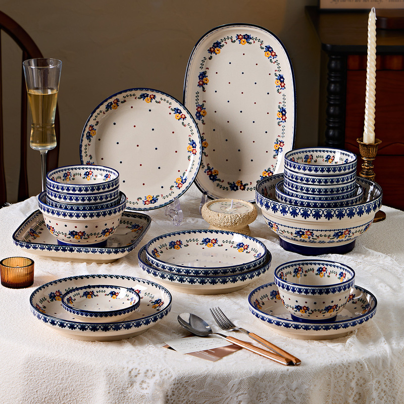Vintage Household 2026 New Ceramic Bowl and Plate Set Bohemian Style Underglaze Color High-Value Tableware Set Vintage Household 2026 New Ceramic Bowl and Plate Set Bohemian Style Underglaze Color High-Value Tableware Set