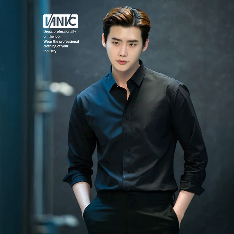 Black long-sleeved shirt for men, business casual and stylish, white professional slim-fit shirt, blue formal wear, drapey and wrinkle-free