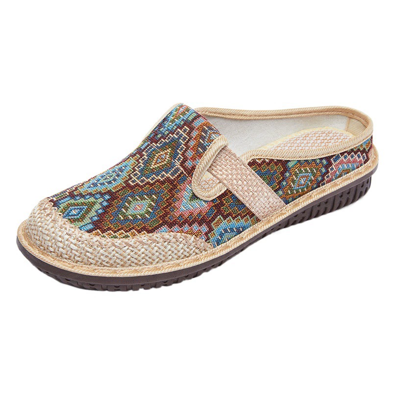 Женские тканевые туфли в стиле старого Пекина 2025, новые этнические полусабо с льняным носком, мягкая подошва, повседневная обувь