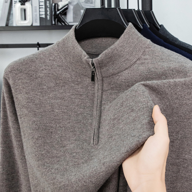 100% Wool Sweater Half-Zip Solid Color Sweater Men's Autumn and Winter Warm Pullover Half-High Collar Loose Pure Wool Sweater