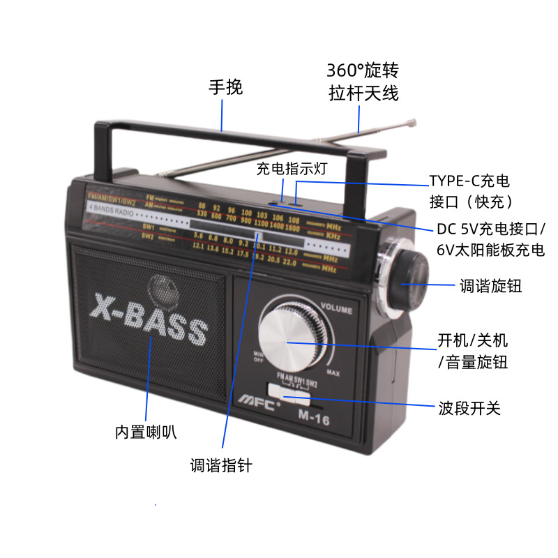 Nuevo transfronterizo de banda completa portátil gran radio de perilla de alto volumen para personas mayores recargables batería seca de alimentación