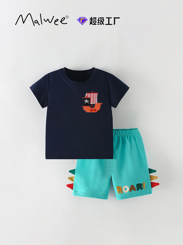 Suministro directo de comercio exterior transfronterizo traje para niños malwee verano nuevo estilo europeo y americano niños pequeños y medianos cuello redondo pantalones de manga corta ropa para niños