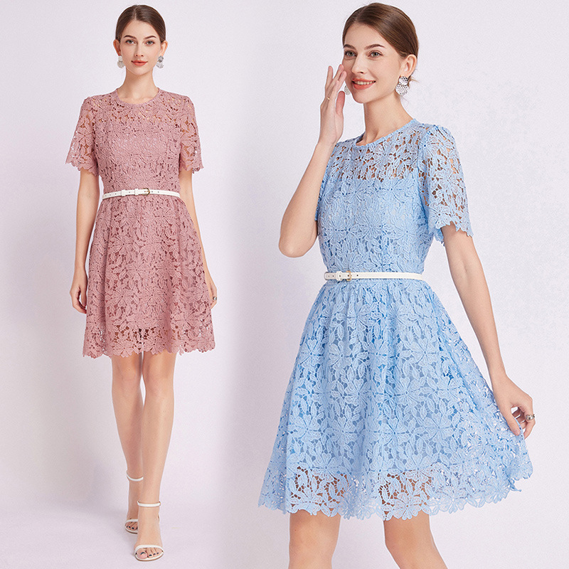 Summer elegant fashionable retro lace skirt with a round collar