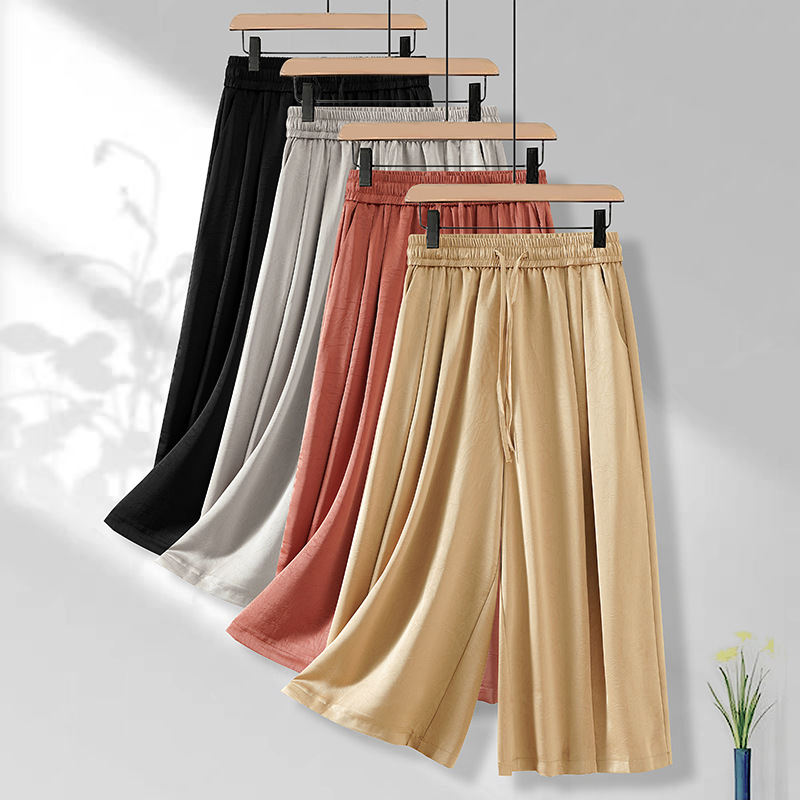 Casual Satin Ice Silk Culottes for Women 2026 Summer New Thin Style Elastic Waist Casual Loose Three-Quarter Wide-Leg Pants