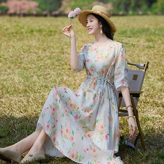 2023年夏季新款圆领印花碎花裙收腰显瘦a字大码女装苎麻连衣裙女