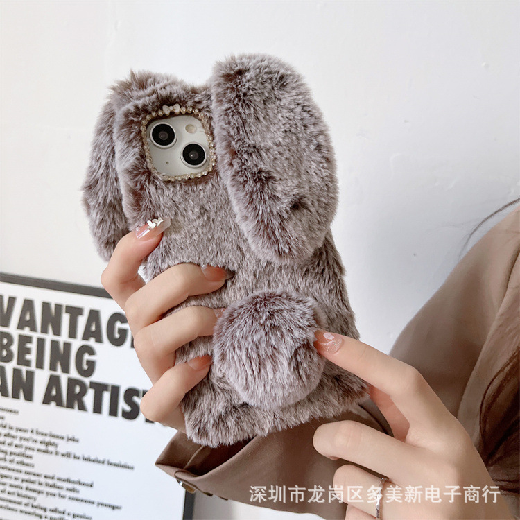 Suitable for iphone14 rabbit ears plush phone case 13promax autumn and winter plush shell 12pro protective case XR