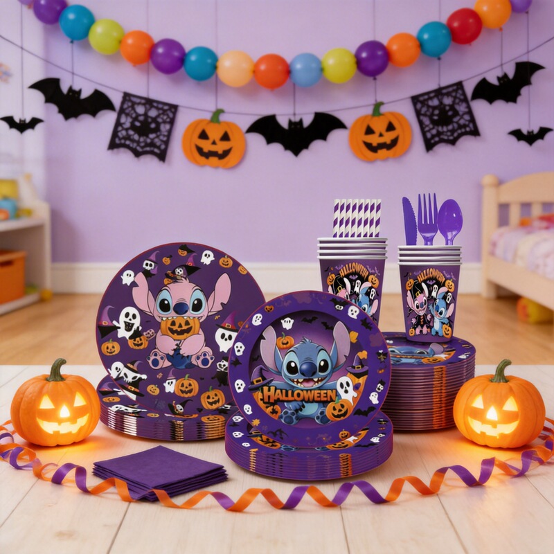 New Stitch Halloween Children's Birthday Theme Decoration Supplies Paper Cups Paper Plates Tissues Disposable Tableware Set