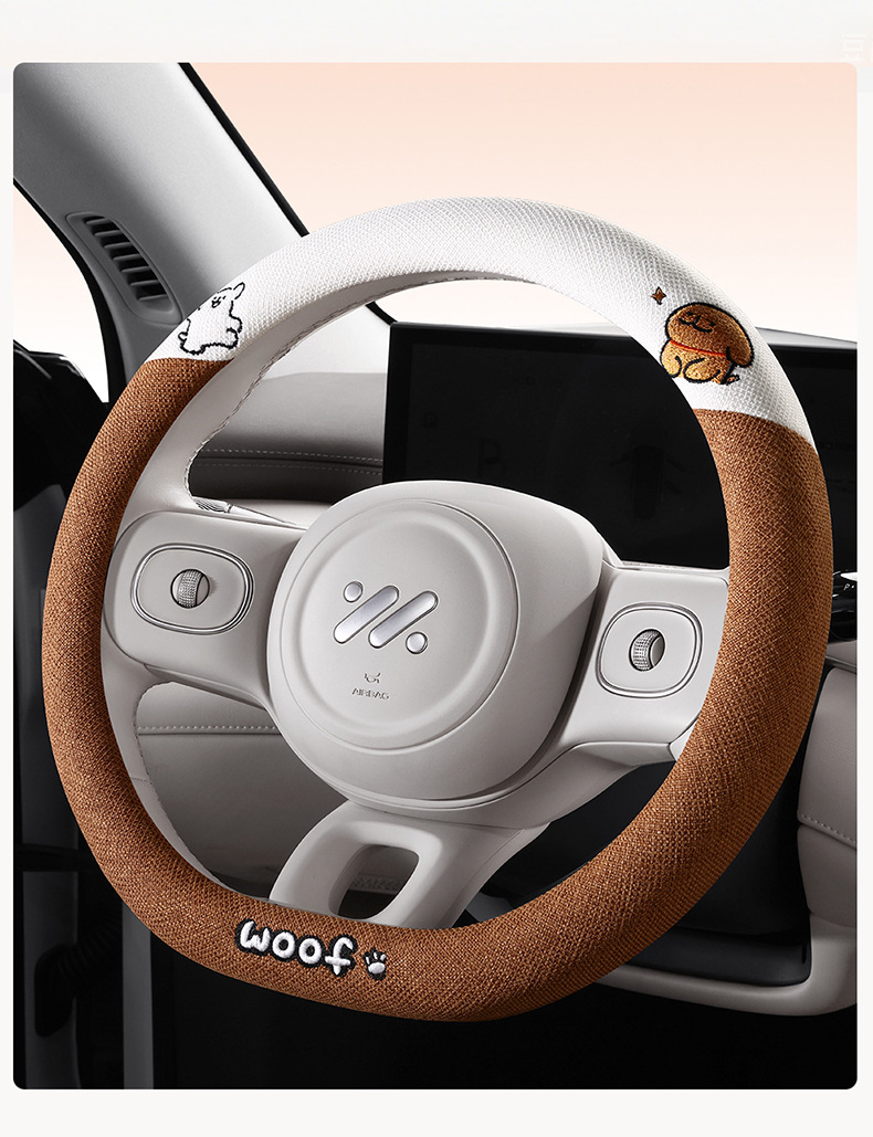 Cotton and linen steering wheel cover four seasons universal cartoon line dog car handle cover advanced sense ultra-thin anti-slip sweat-absorbent handle cover