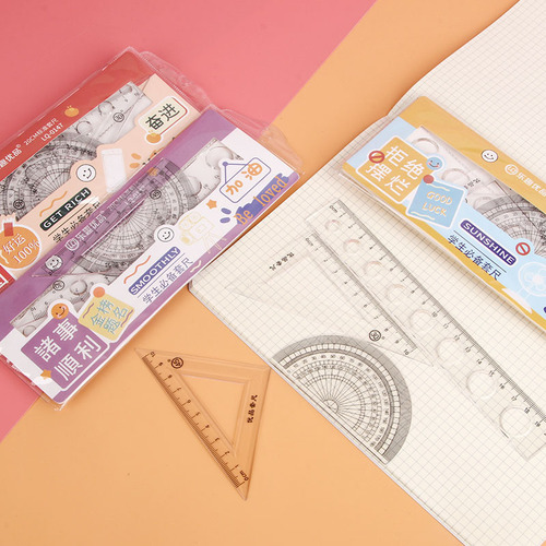 Cartoon Set of Four Student Stationery Rulers: Multi-functional Set Includes Triangular Ruler, Protractor, Straightedge, and Flexible Ruler - Wholesale