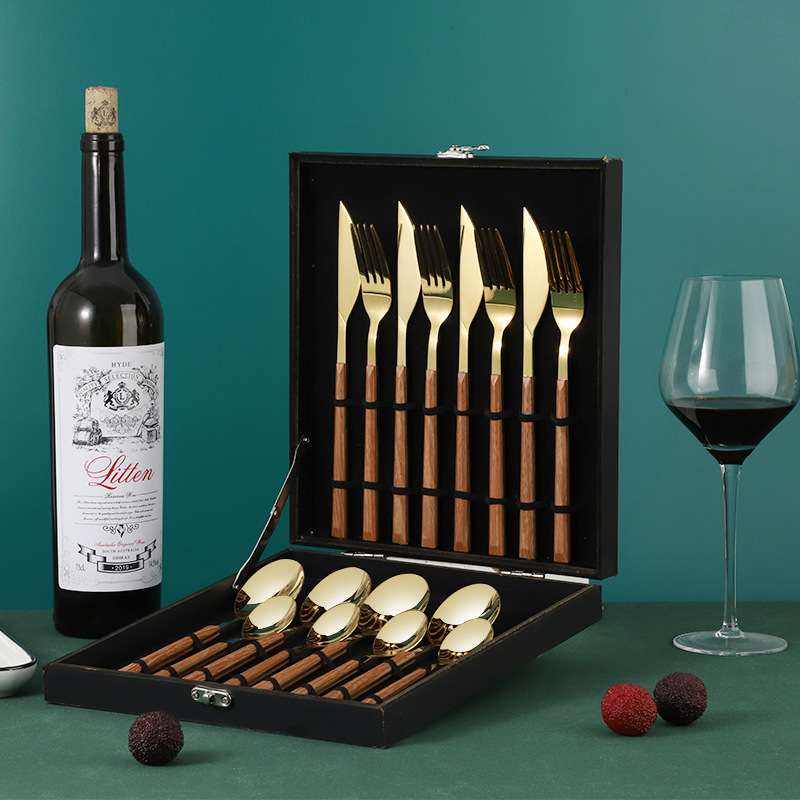 Mango de clip de grano de madera Cuchillo, tenedor y cuchara de acero inoxidable de estilo japonés Traje de vajilla occidental Cuchillo de carne de 16 piezas, tenedor y cuchara Juego de vajilla de 12 piezas