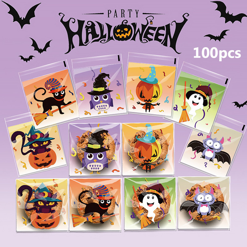 100个装万圣节扫帚幽灵六合一OPP自粘袋糖果巧克力鬼节派对包装袋