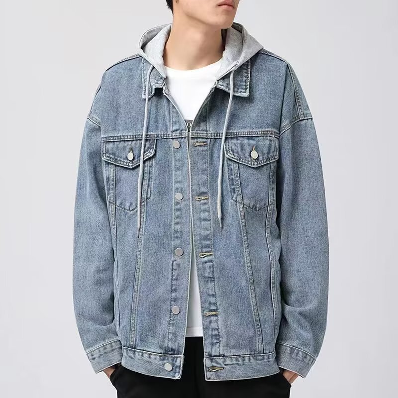 Hat detachable Denim jacket men's 2023 spring and autumn loose hooded simple solid color Hong Kong style casual handsome